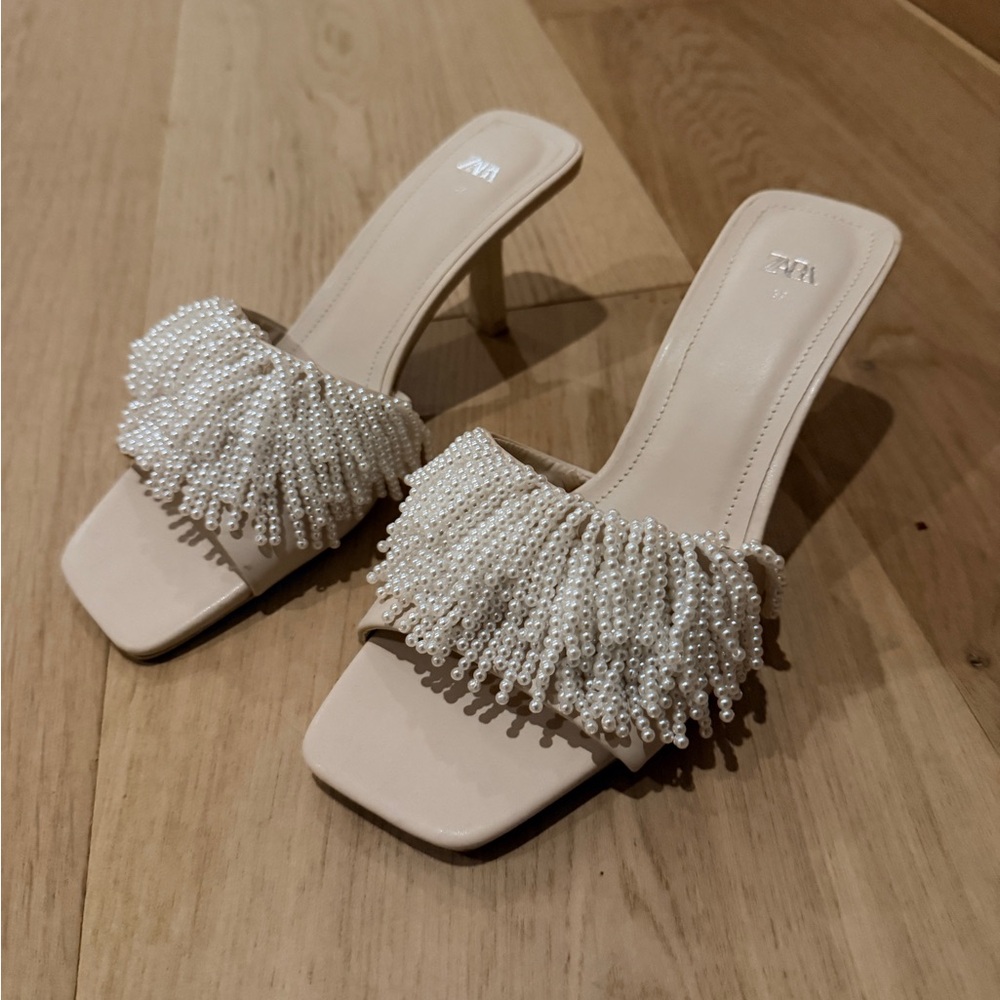 Zara Cream Beaded Fringe Mules